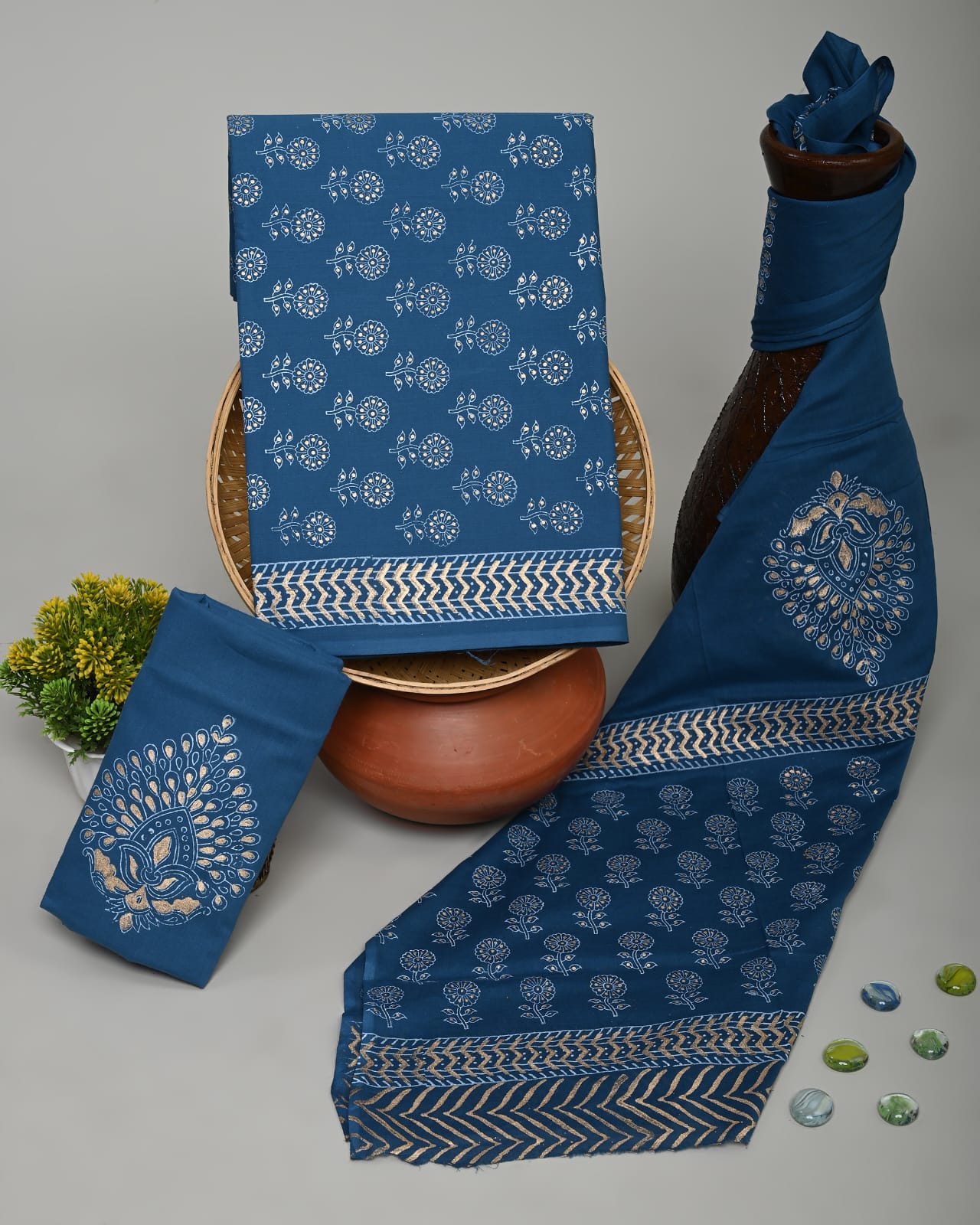 Wholesale Handblock Printed Cotton Mul Mul Suit Set with Mul Dupatta – Blue Variant, Handcrafted in Rajasthan for Designers, Boutiques, and Bulk Orders